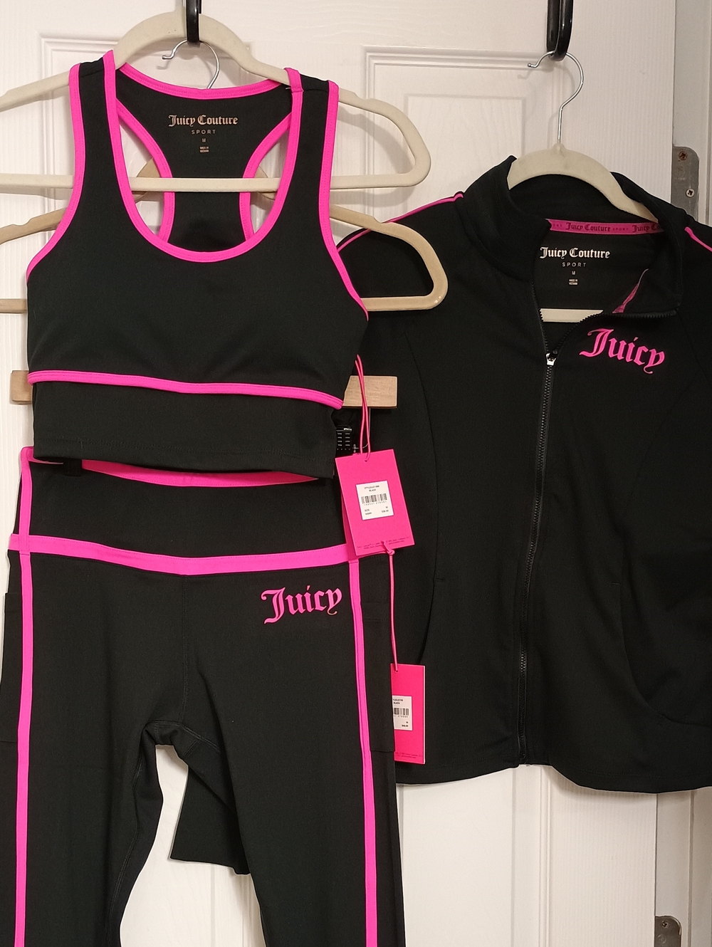 NWTS Juicy Couture 3-Piece Tracksuit Set Black Pink Size M Sweats Hoodie Tank